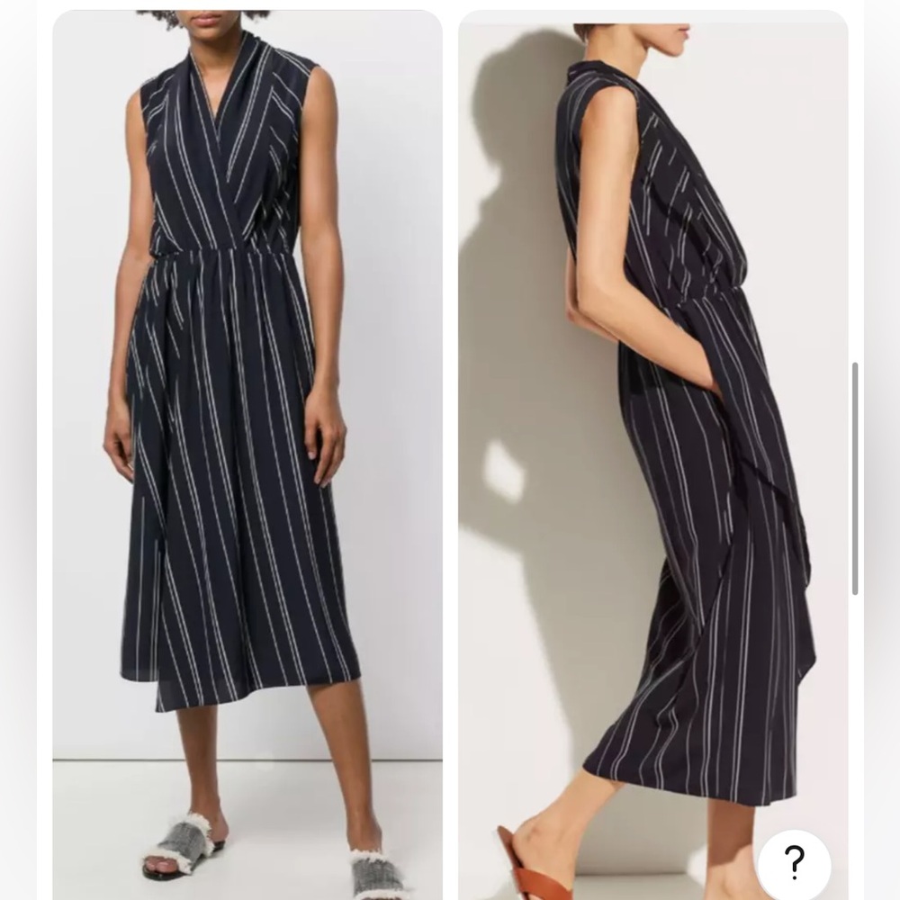 Vince Draped Front Stripe Silk Midi Dress In Coastal